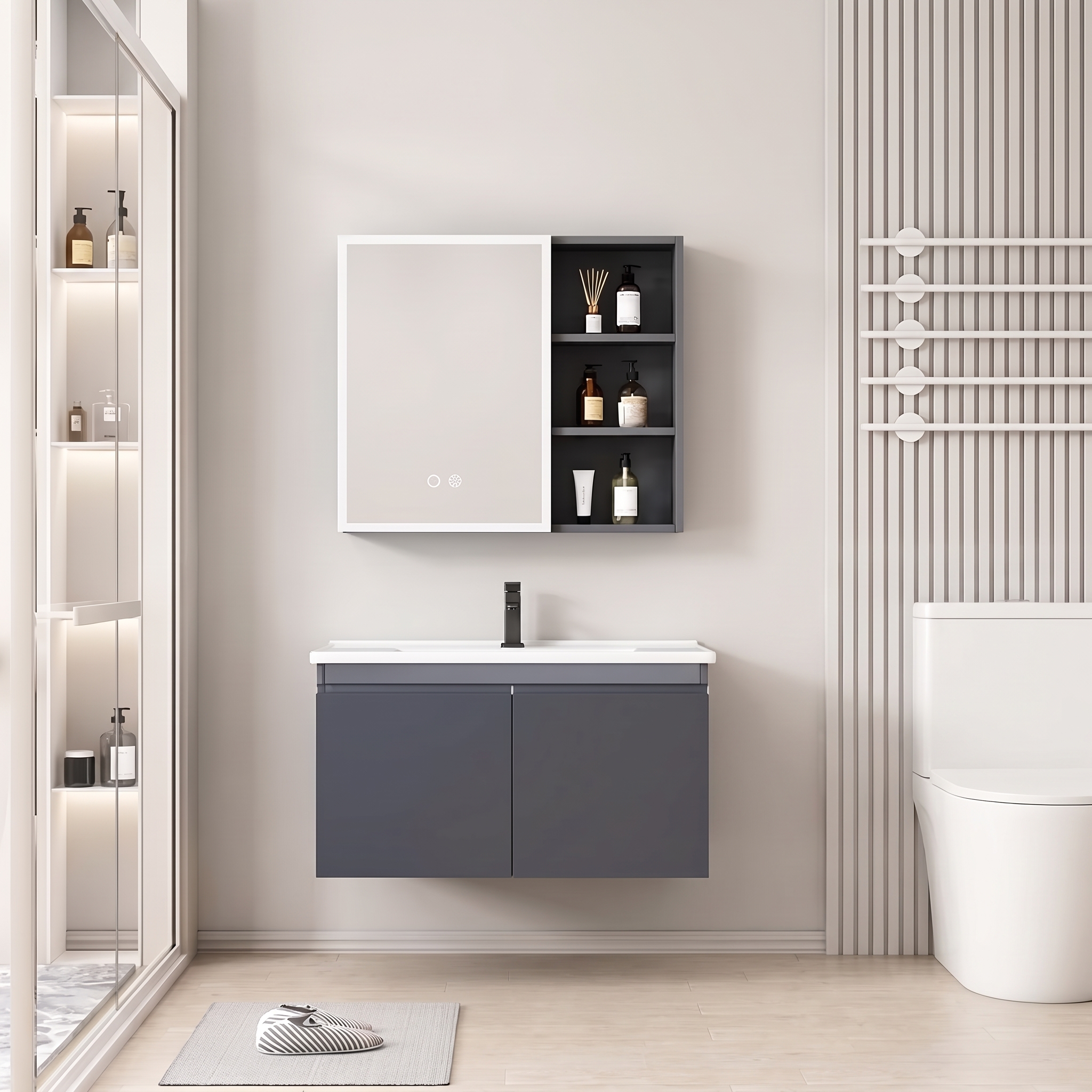 Pack Ensemble Meuble de Salle de Bain Suspendu avec Armoire de Toilette Miroir LED et Étagères Ouvertes - 70 cm (Gris Foncé)