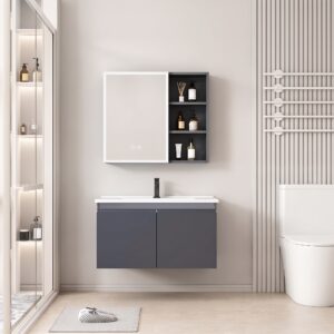 Ensemble Meuble de Salle de Bain Suspendu avec Armoire de Toilette Miroir LED et Étagères Ouvertes - 80 cm (Gris Foncé)