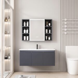 Ensemble Meuble de Salle de Bain Familial Suspendu avec Grande Armoire de Toilette Miroir LED et Étagères Ouvertes Latérales - 100 cm (Gris Foncé)