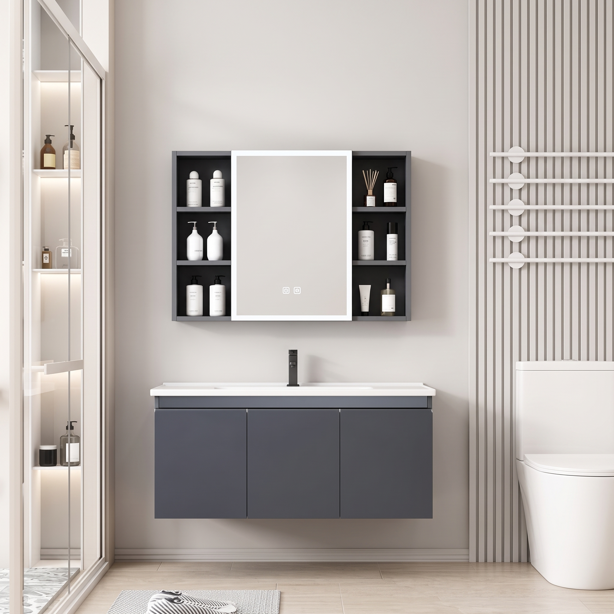 Pack Ensemble Meuble de Salle de Bain Suspendu avec Grande Armoire de Toilette Miroir LED et Étagères Ouvertes Latérales - 90 cm (Gris Foncé)