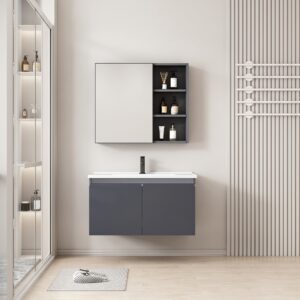 Ensemble Meuble de Salle de Bain Suspendu avec Armoire de Toilette Miroir Coulissant et Étagères Ouvertes - 70 cm (Gris Foncé)