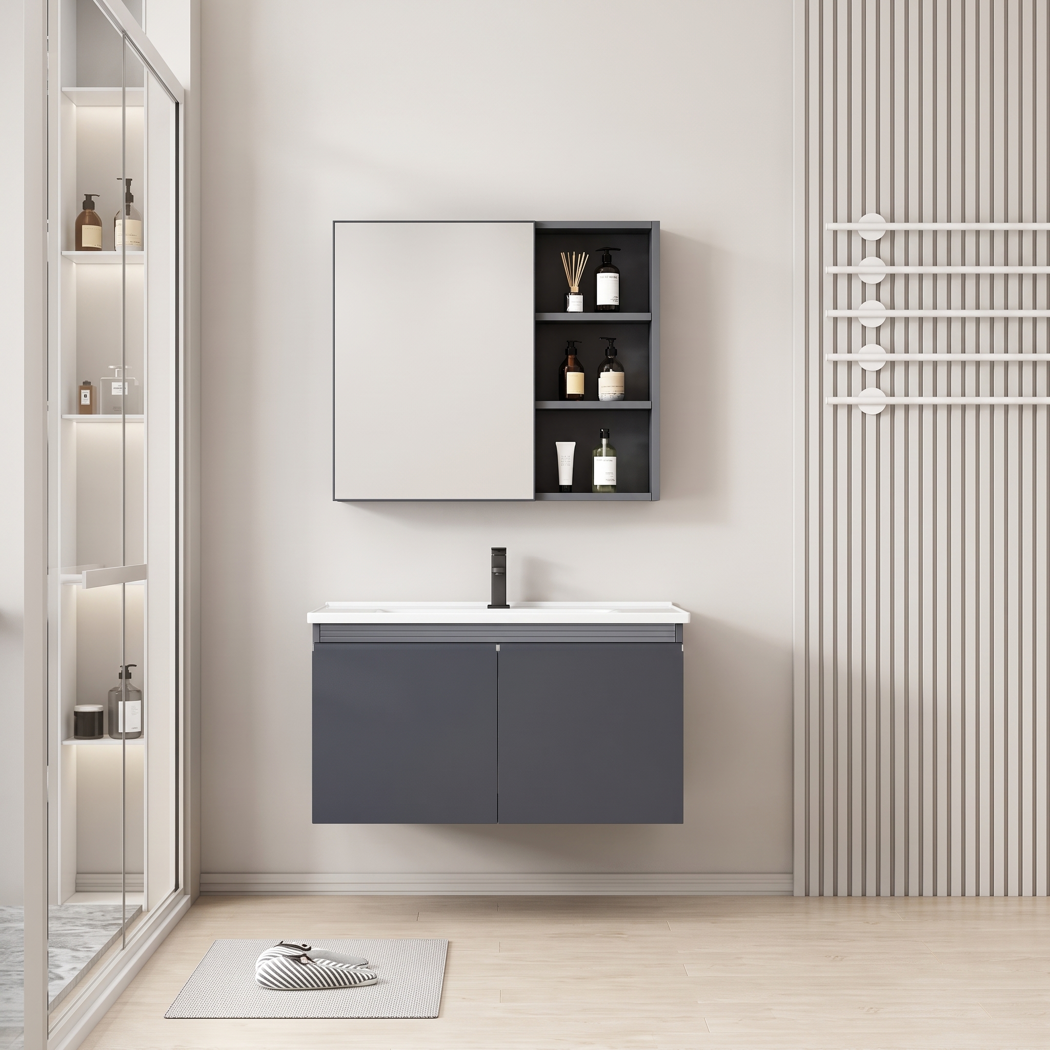 Pack Ensemble Meuble de Salle de Bain Suspendu avec Armoire de Toilette Miroir Coulissant et Étagères Ouvertes - 60 cm (Gris Foncé)