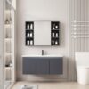 Pack Ensemble Meuble de Salle de Bain Familial Suspendu avec Grande Armoire de Toilette Miroir Coulissant et Étagères Ouvertes - 100 cm (Gris Foncé)