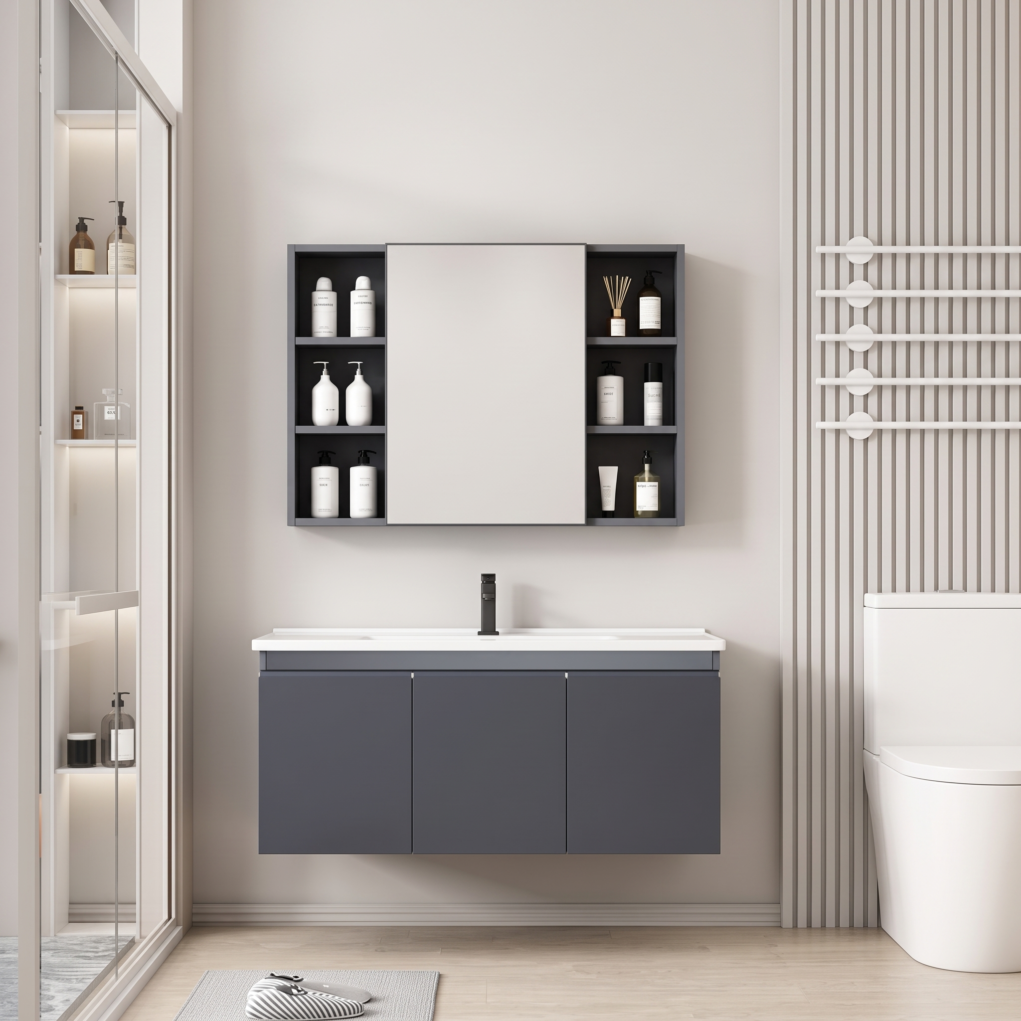 Pack Ensemble Meuble de Salle de Bain Suspendu avec Grande Armoire de Toilette Miroir Coulissant et Étagères Ouvertes - 110 cm (Gris Foncé)