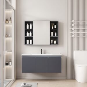 Ensemble Meuble de Salle de Bain Suspendu avec Grande Armoire de Toilette Miroir Coulissant et Étagères Ouvertes - 90 cm (Gris Foncé)