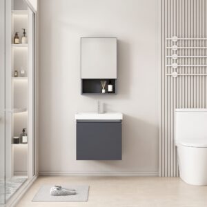 Ensemble Meuble de Salle de Bain Suspendu Compact avec Armoire de Toilette Miroir et Niche Ouverte - 40 cm (Gris Foncé)