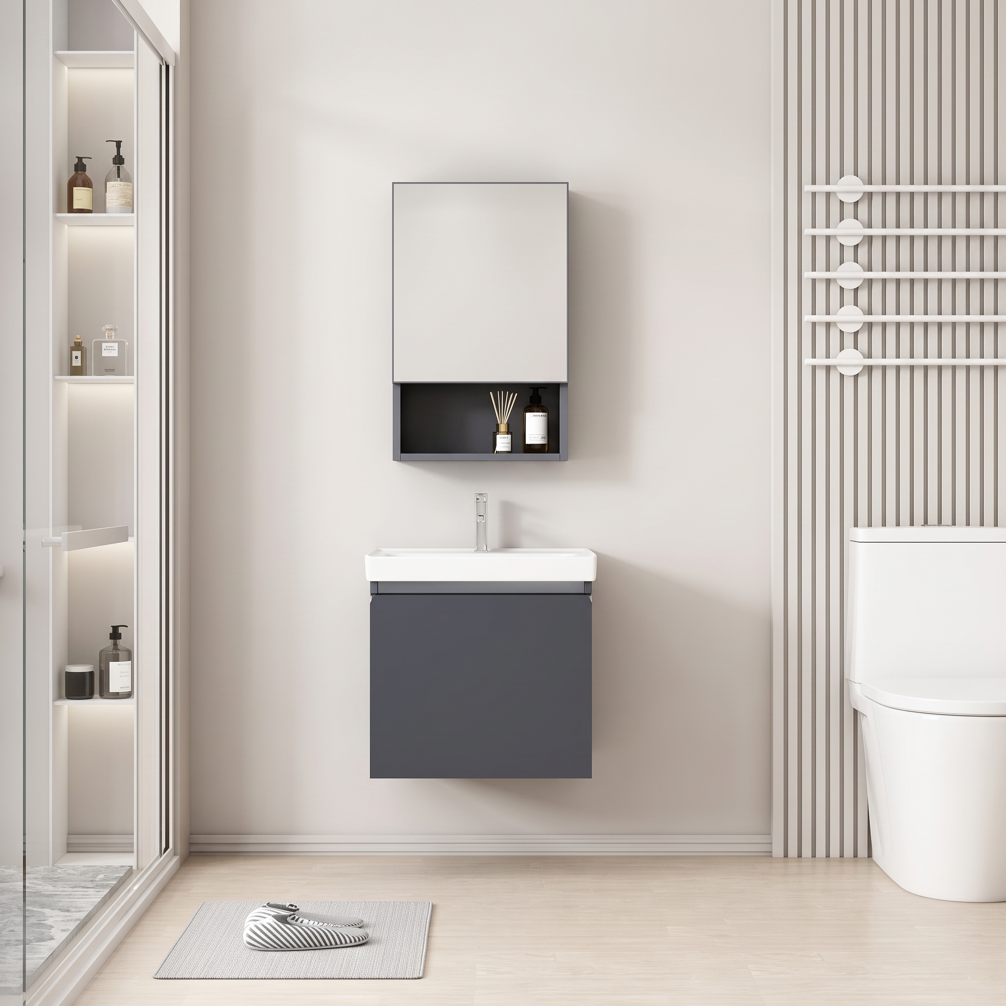 Pack Ensemble Meuble de Salle de Bain Suspendu Compact avec Armoire de Toilette Miroir et Niche Ouverte - 40 cm (Gris Foncé)