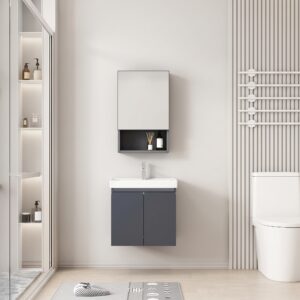 Ensemble Meuble de Salle de Bain Suspendu Compact avec Armoire de Toilette Miroir et Niche Ouverte - 50 cm (Gris Foncé)