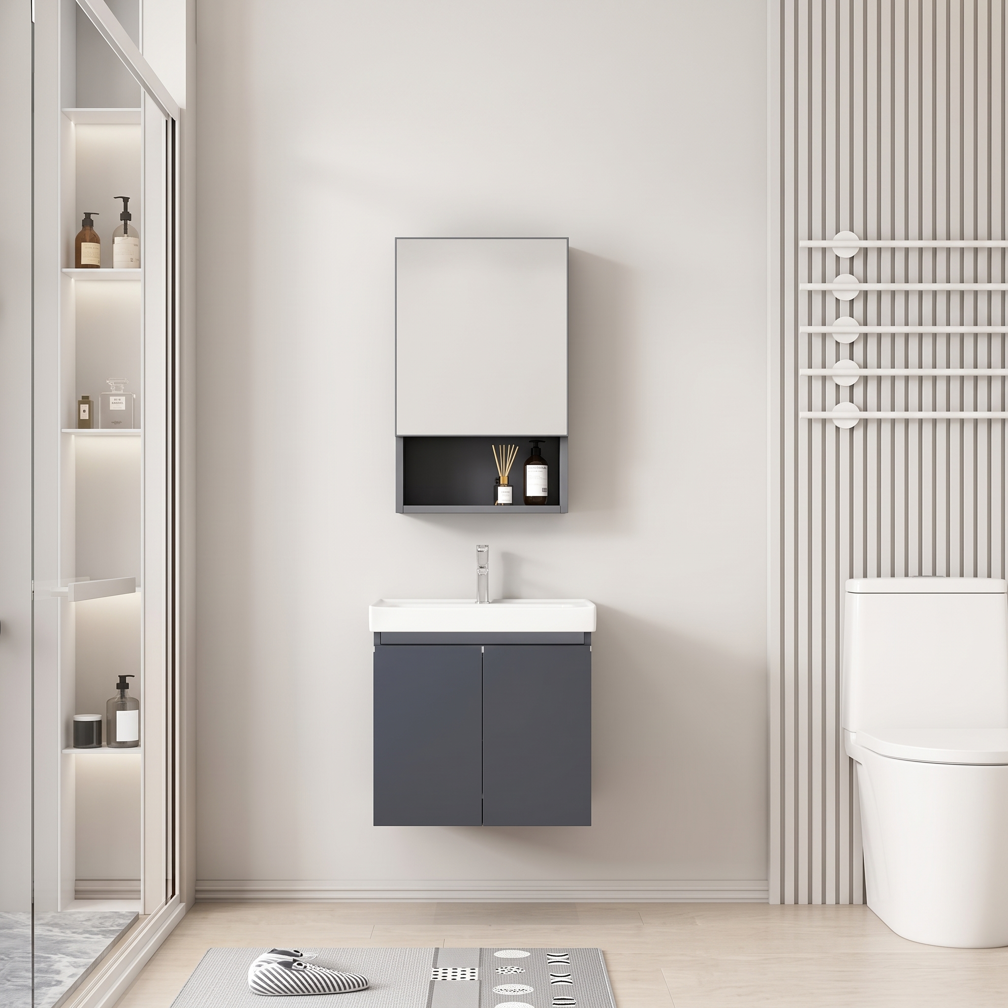 Pack Ensemble Meuble de Salle de Bain Suspendu Compact avec Armoire de Toilette Miroir et Niche Ouverte - 50 cm (Gris Foncé)