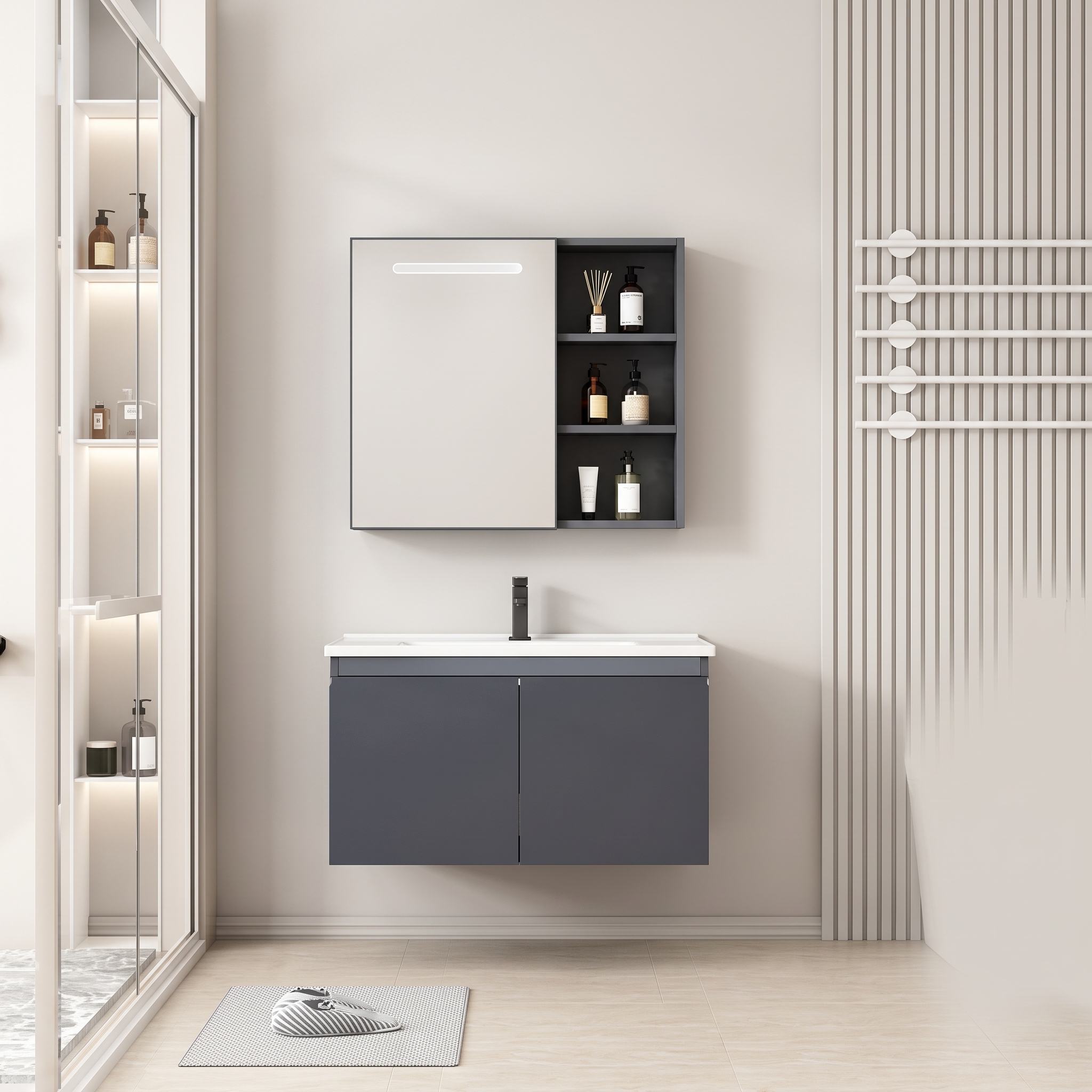 Pack Ensemble Meuble de Salle de Bain Suspendu avec Armoire de Toilette Miroir Coulissant à Bandeau LED et Étagères Ouvertes - 70 cm (Gris Foncé)