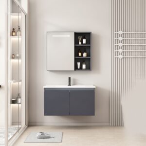 Ensemble Meuble de Salle de Bain Suspendu avec Armoire de Toilette Miroir Coulissant à Bandeau LED et Étagères Ouvertes - 60 cm (Gris Foncé)