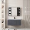 Pack Ensemble Meuble de Salle de Bain Suspendu avec Grande Armoire de Toilette Miroir Coulissant à Bandeau LED et Étagères Ouvertes - 90 cm (Gris Foncé)