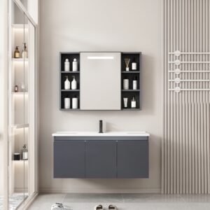 Ensemble Meuble de Salle de Bain Suspendu avec Grande Armoire de Toilette Miroir Coulissant à Bandeau LED et Étagères Ouvertes - 110 cm (Gris Foncé)