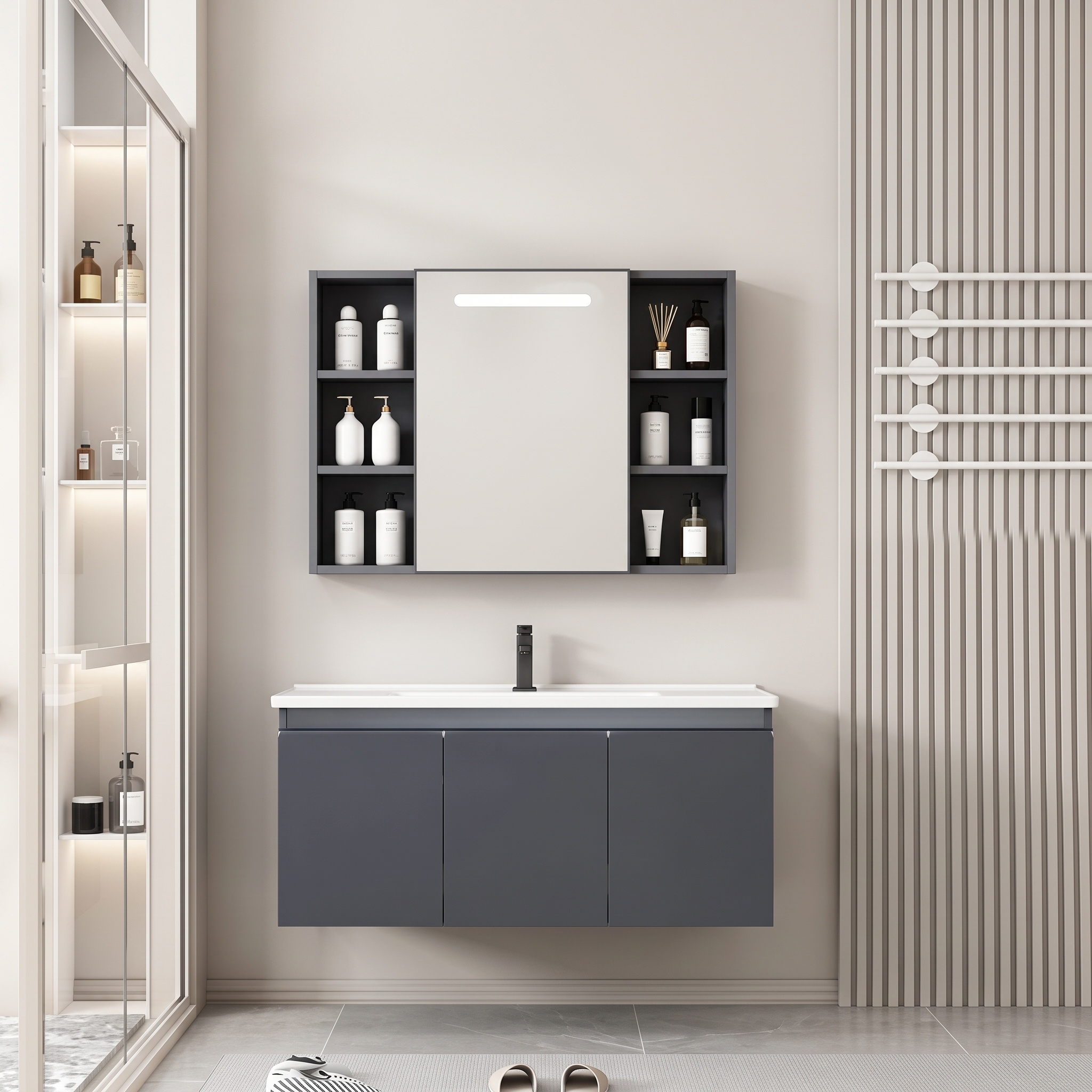 Pack Ensemble Meuble de Salle de Bain Suspendu avec Grande Armoire de Toilette Miroir Coulissant à Bandeau LED et Étagères Ouvertes - 110 cm (Gris Foncé)