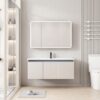 Pack Ensemble Meuble de Salle de Bain Familial Suspendu aux Bords Arrondis avec Grande Armoire de Toilette Miroir LED à Trois Portes - 100 cm (Couleur Café au Lait / Nude)