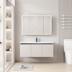 Ensemble Meuble de Salle de Bain Familial Suspendu aux Bords Arrondis avec Grande Armoire de Toilette Miroir LED à Trois Portes - 100 cm (Couleur Café au Lait / Nude)