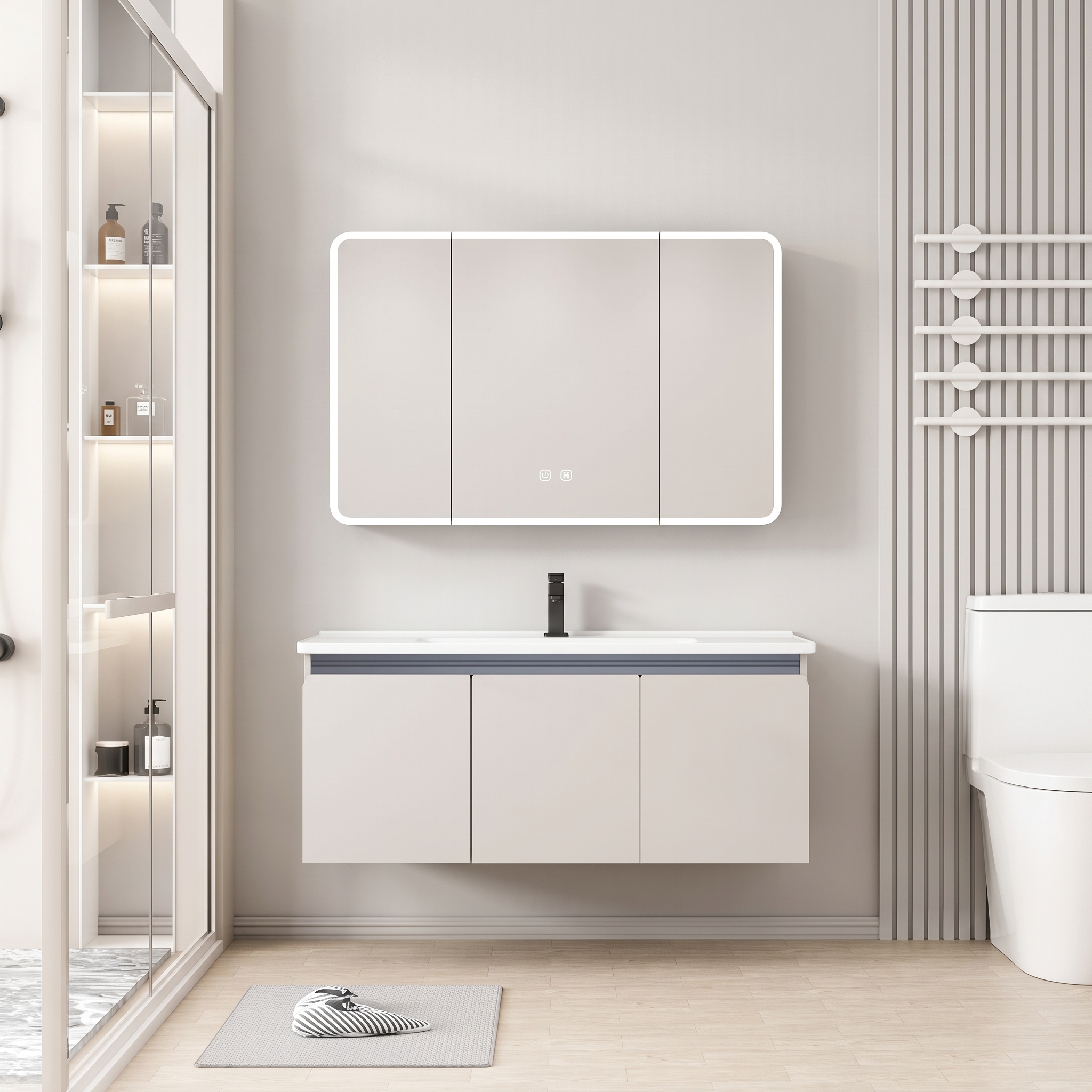 Pack Ensemble Meuble de Salle de Bain Familial Suspendu aux Bords Arrondis avec Grande Armoire de Toilette Miroir LED à Trois Portes - 100 cm (Couleur Café au Lait / Nude)