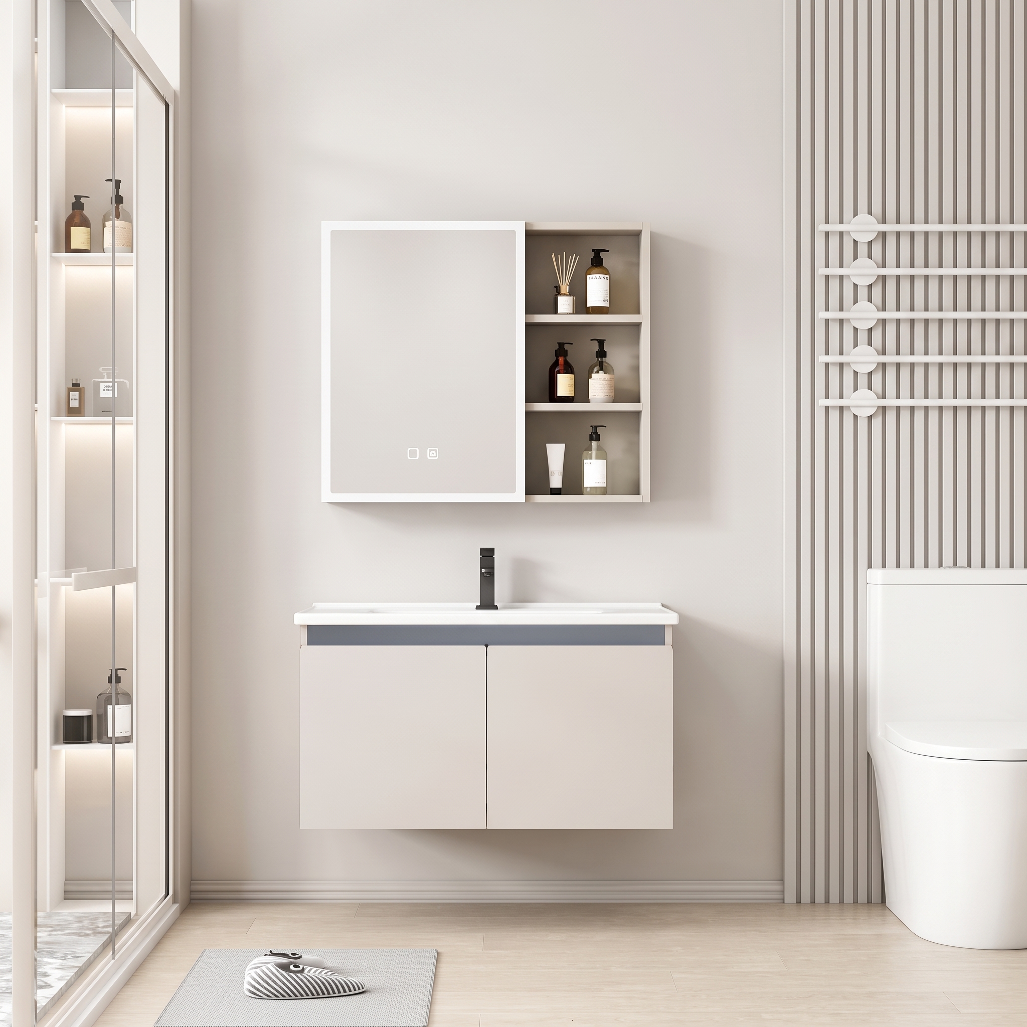Pack Ensemble Meuble de Salle de Bain Suspendu avec Armoire de Toilette Miroir Coulissant LED et Étagères Ouvertes - 80 cm (Couleur Café au Lait / Nude)