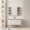 Pack Ensemble Meuble de Salle de Bain Suspendu avec Grande Armoire de Toilette Miroir Coulissant LED et Étagères Ouvertes - 100 cm (Couleur Café au Lait / Nude)
