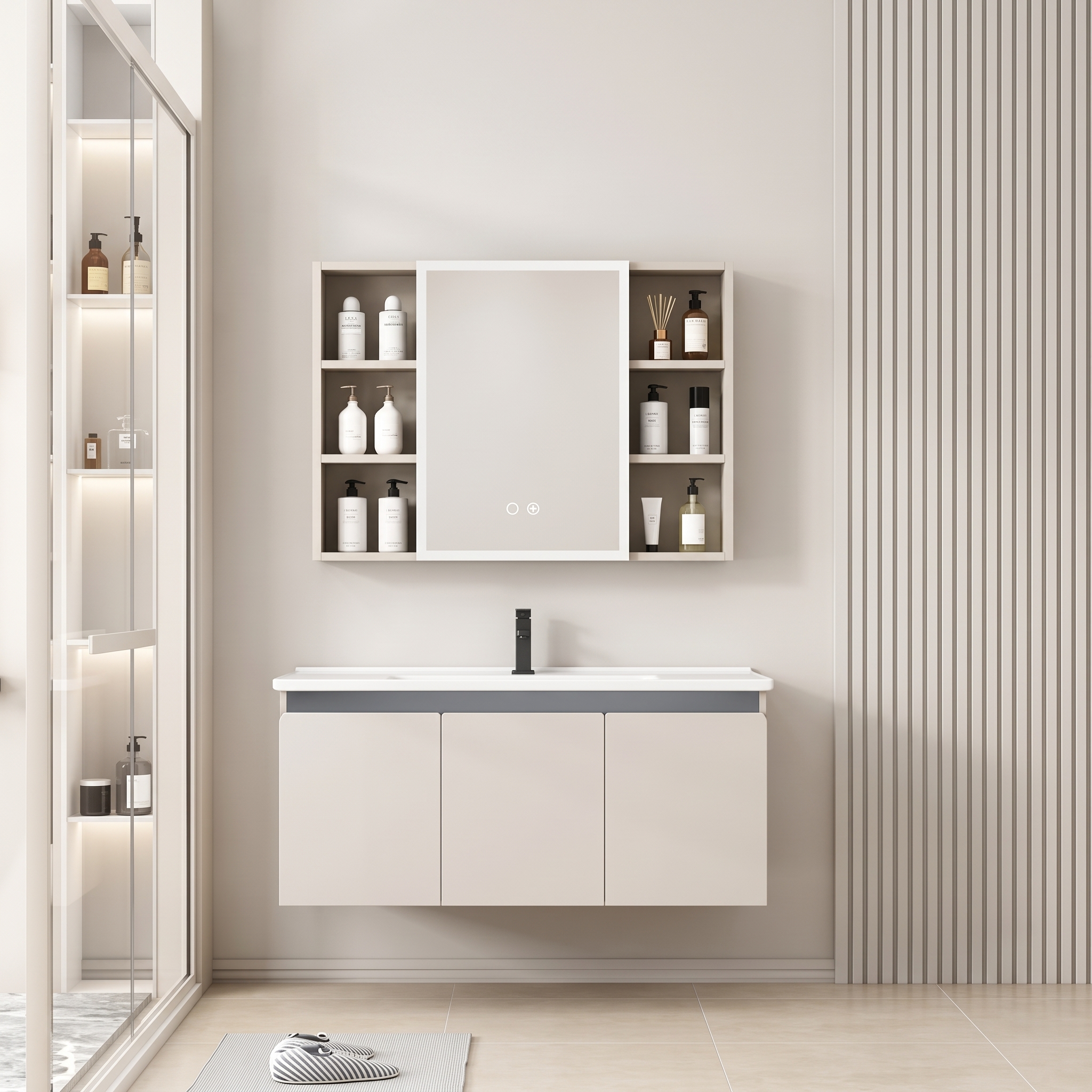 Pack Ensemble Meuble de Salle de Bain Suspendu avec Grande Armoire de Toilette Miroir Coulissant LED et Étagères Ouvertes - 100 cm (Couleur Café au Lait / Nude)