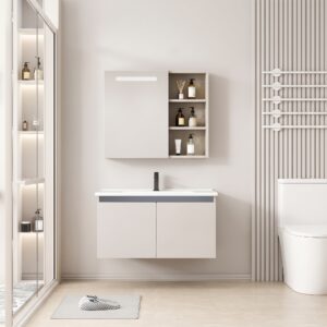 Ensemble Meuble de Salle de Bain Suspendu avec Armoire de Toilette Miroir Coulissant à Bandeau LED et Étagères Ouvertes - 70 cm (Couleur Café au Lait / Nude)