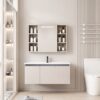Pack Ensemble Meuble de Salle de Bain Suspendu avec Grande Armoire de Toilette Miroir Coulissant à Bandeau LED et Étagères Ouvertes - 100 cm (Couleur Café au Lait / Nude)