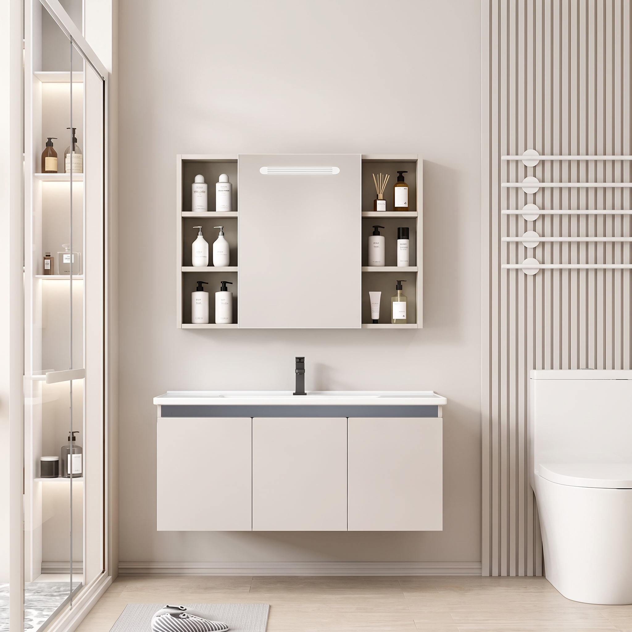 Pack Ensemble Meuble de Salle de Bain Suspendu avec Grande Armoire de Toilette Miroir Coulissant à Bandeau LED et Étagères Ouvertes - 100 cm (Couleur Café au Lait / Nude)