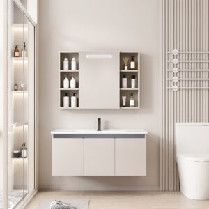 Ensemble Meuble de Salle de Bain Suspendu avec Grande Armoire de Toilette Miroir Coulissant à Bandeau LED et Étagères Ouvertes - 90 cm (Couleur Café au Lait / Nude)