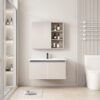 Pack Ensemble Meuble de Salle de Bain Suspendu avec Armoire de Toilette Miroir Coulissant et Étagères Ouvertes - 60 cm (Couleur Café au Lait / Nude)