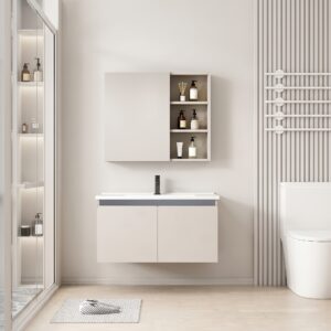 Ensemble Meuble de Salle de Bain Suspendu avec Armoire de Toilette Miroir Coulissant et Étagères Ouvertes - 80 cm (Couleur Café au Lait / Nude)