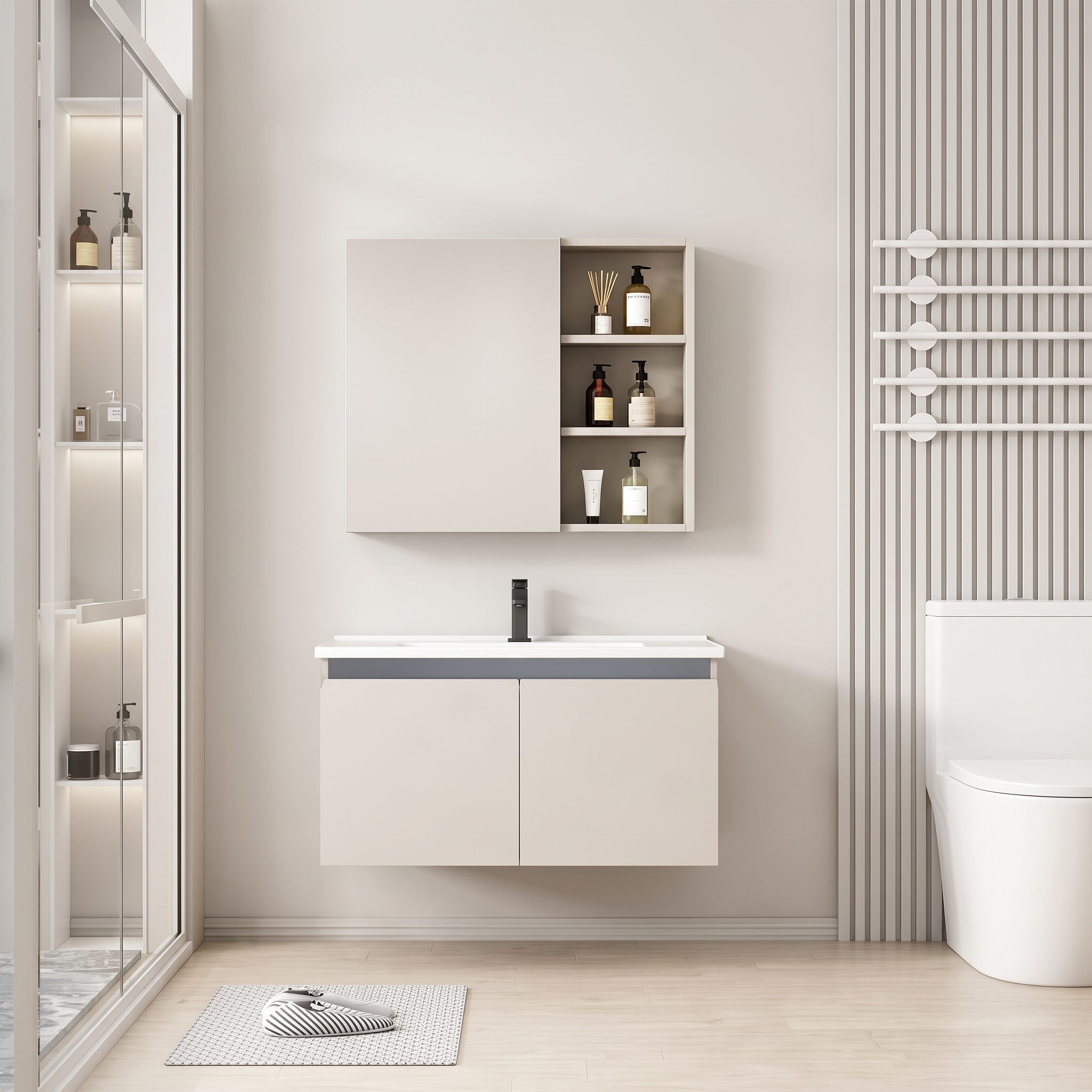 Pack Ensemble Meuble de Salle de Bain Suspendu avec Armoire de Toilette Miroir Coulissant et Étagères Ouvertes - 80 cm (Couleur Café au Lait / Nude)
