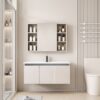 Pack Ensemble Meuble de Salle de Bain Suspendu avec Grande Armoire de Toilette Miroir Coulissant et Étagères Ouvertes - 110 cm (Couleur Café au Lait / Nude)