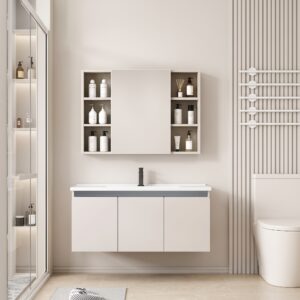 Ensemble Meuble de Salle de Bain Suspendu avec Grande Armoire de Toilette Miroir Coulissant et Étagères Ouvertes - 90 cm (Couleur Café au Lait / Nude)
