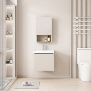 Ensemble Meuble de Salle de Bain Suspendu Compact avec Armoire de Toilette Miroir et Niche Ouverte - 40 cm (Couleur Café au Lait / Nude)