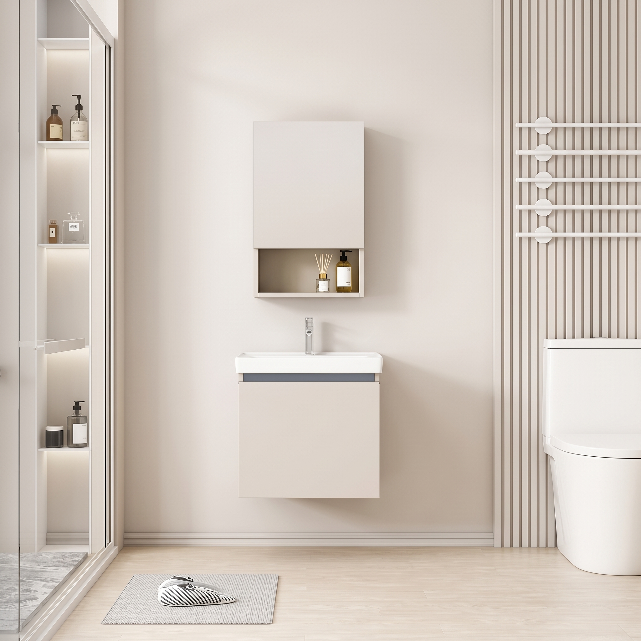 Pack Ensemble Meuble de Salle de Bain Suspendu Compact avec Armoire de Toilette Miroir et Niche Ouverte - 40 cm (Couleur Café au Lait / Nude)