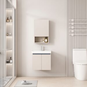 Ensemble Meuble de Salle de Bain Suspendu Compact avec Armoire de Toilette Miroir et Niche Ouverte - 50 cm (Couleur Café au Lait / Nude)