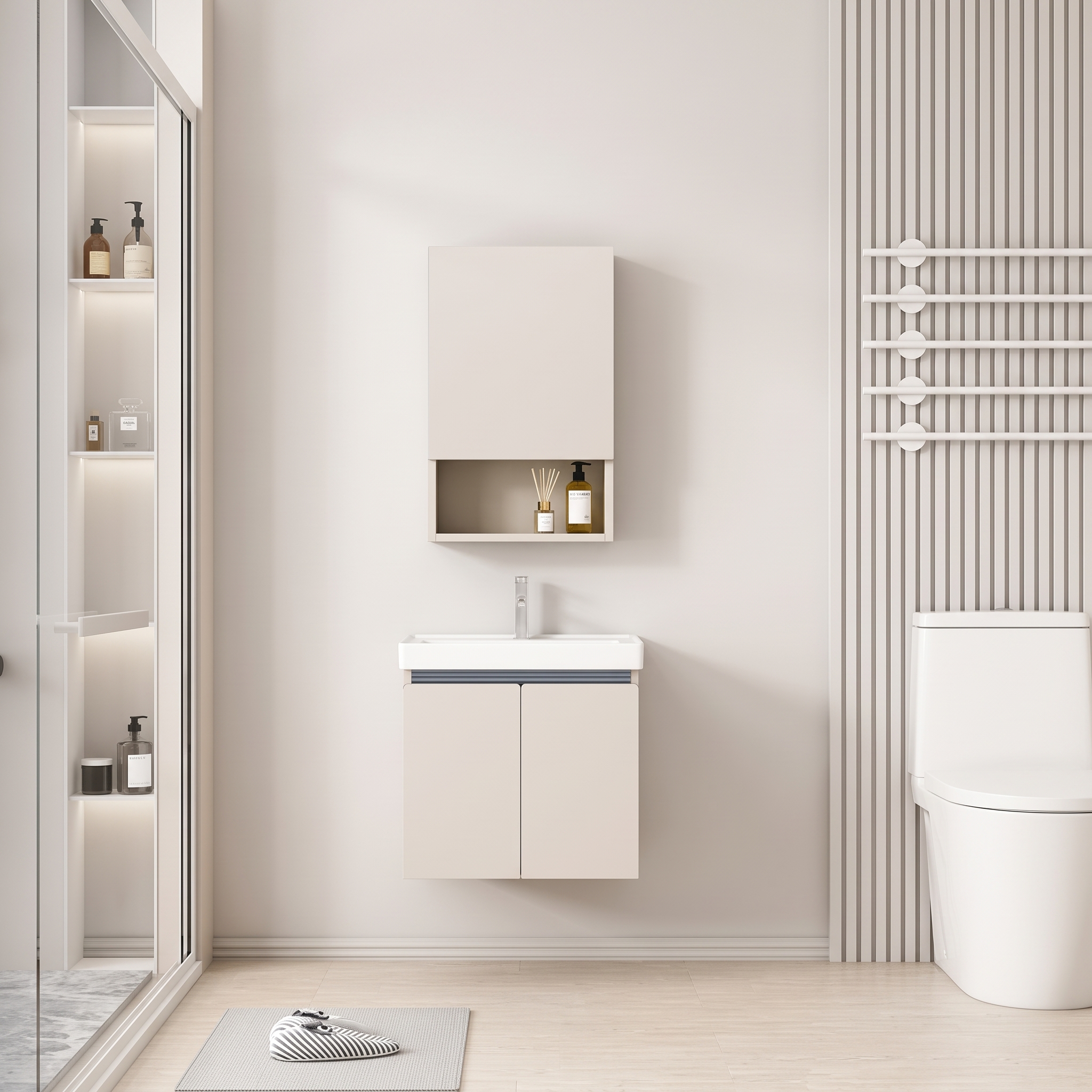 Pack Ensemble Meuble de Salle de Bain Suspendu Compact avec Armoire de Toilette Miroir et Niche Ouverte - 50 cm (Couleur Café au Lait / Nude)
